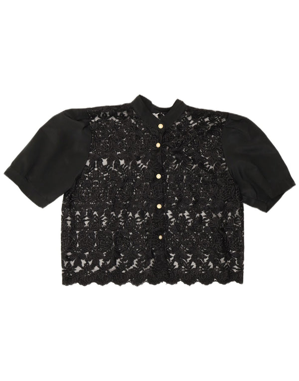 Vintage ženska kratka prozirna košulja bluza UK 14 srednje crna cvjetna