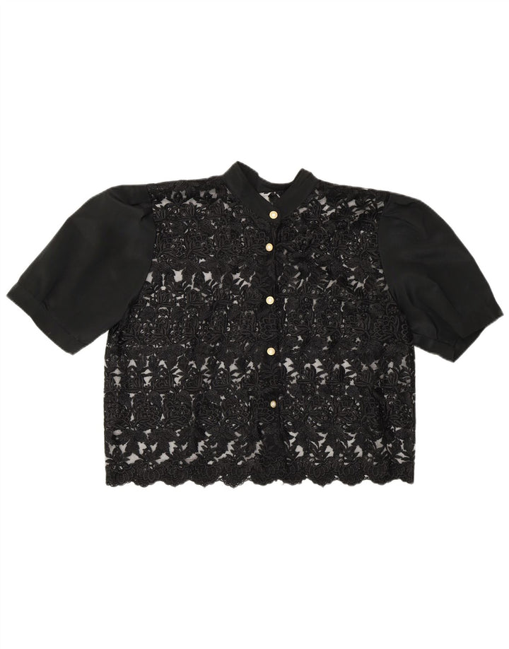 Vintage ženska kratka prozirna košulja bluza UK 14 srednje crna cvjetna