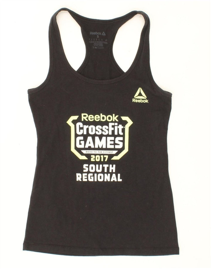 REEBOK Womens Graphic Vest Top UK 8 Small Black Cotton Vintage Reebok and Second-Hand Reebok from Messina Hembry 