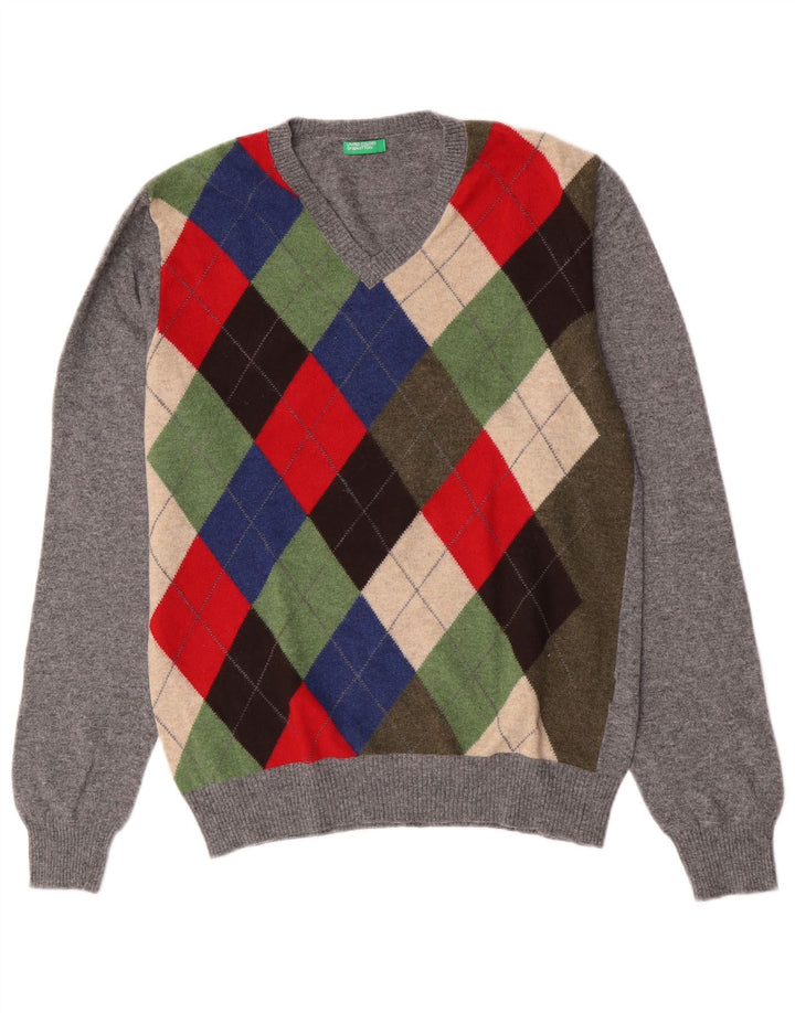 Benetton muški džemper s V-izrezom Srednje sivi Argyle/Diamond Wool
