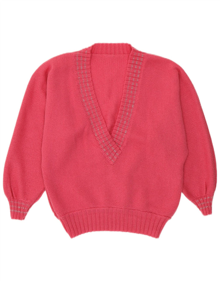 VINTAGE ženski džemper s V-izrezom UK 14 srednje ružičasta