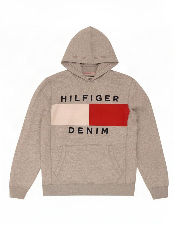Tommy Hilfiger Mens Graphic Hoodie Jumper Medium Grey Colourblock Cotton
