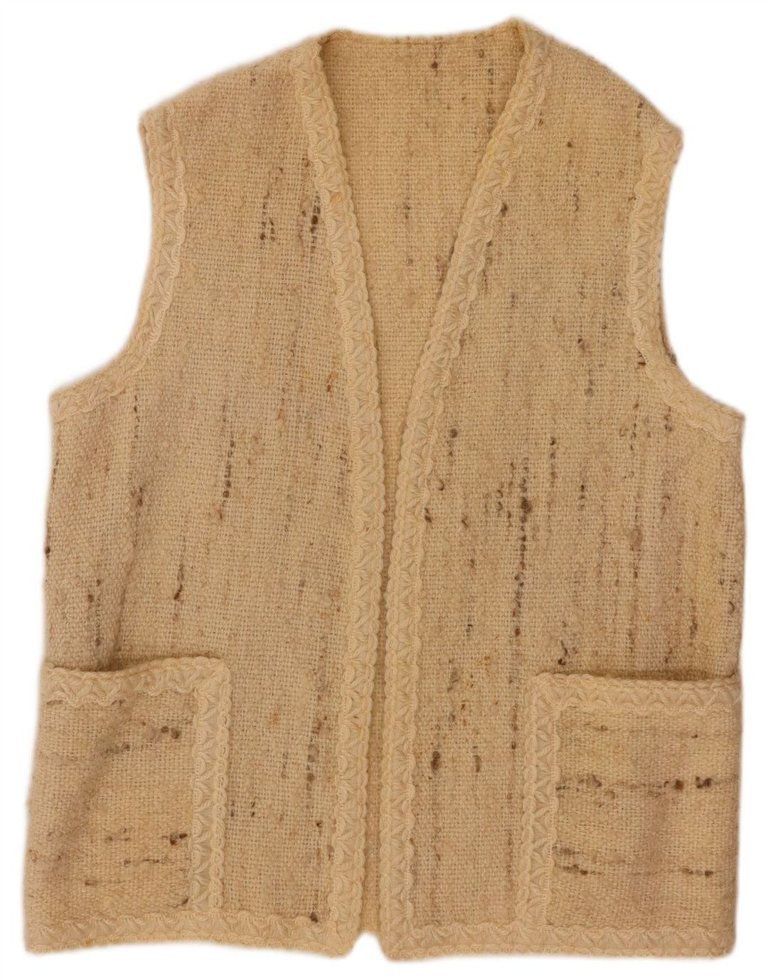 VINTAGE ženski otvoreni kardigan pulover bez rukava UK 16 Veliki bež s pjegama