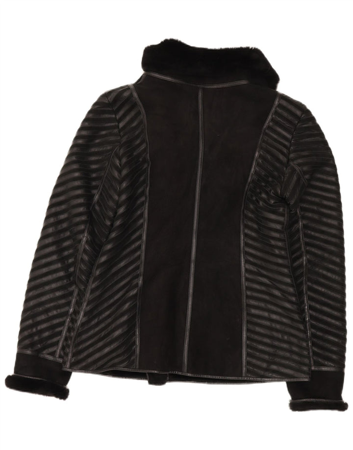 Vintage ženska jakna s ovčicama UK 18 XL crna prugasta koža