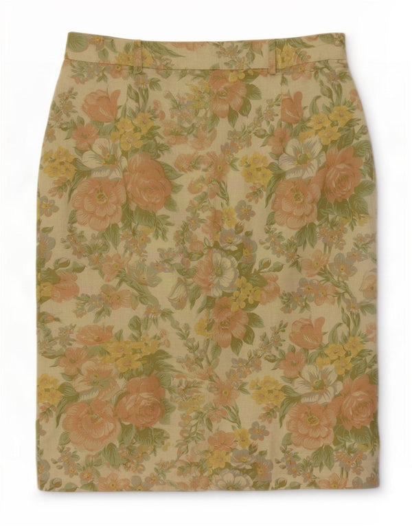 Vintage Womens Straight Skirt EU 42 Large W30 Multicoloured Floral Linen