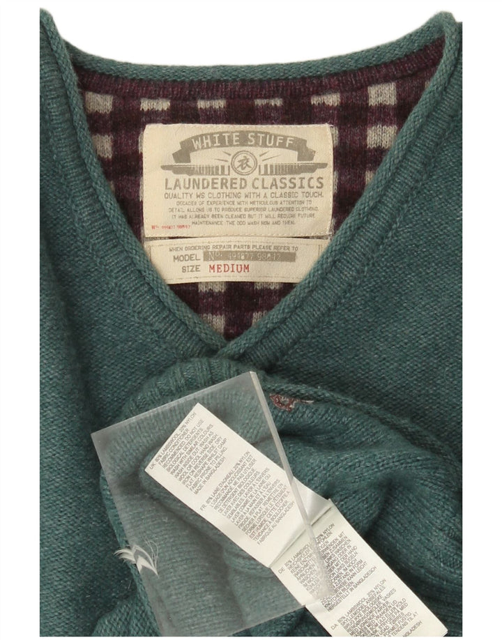 Bijeli muški džemper s V-izrezom srednje zelene boje od janjeće vune