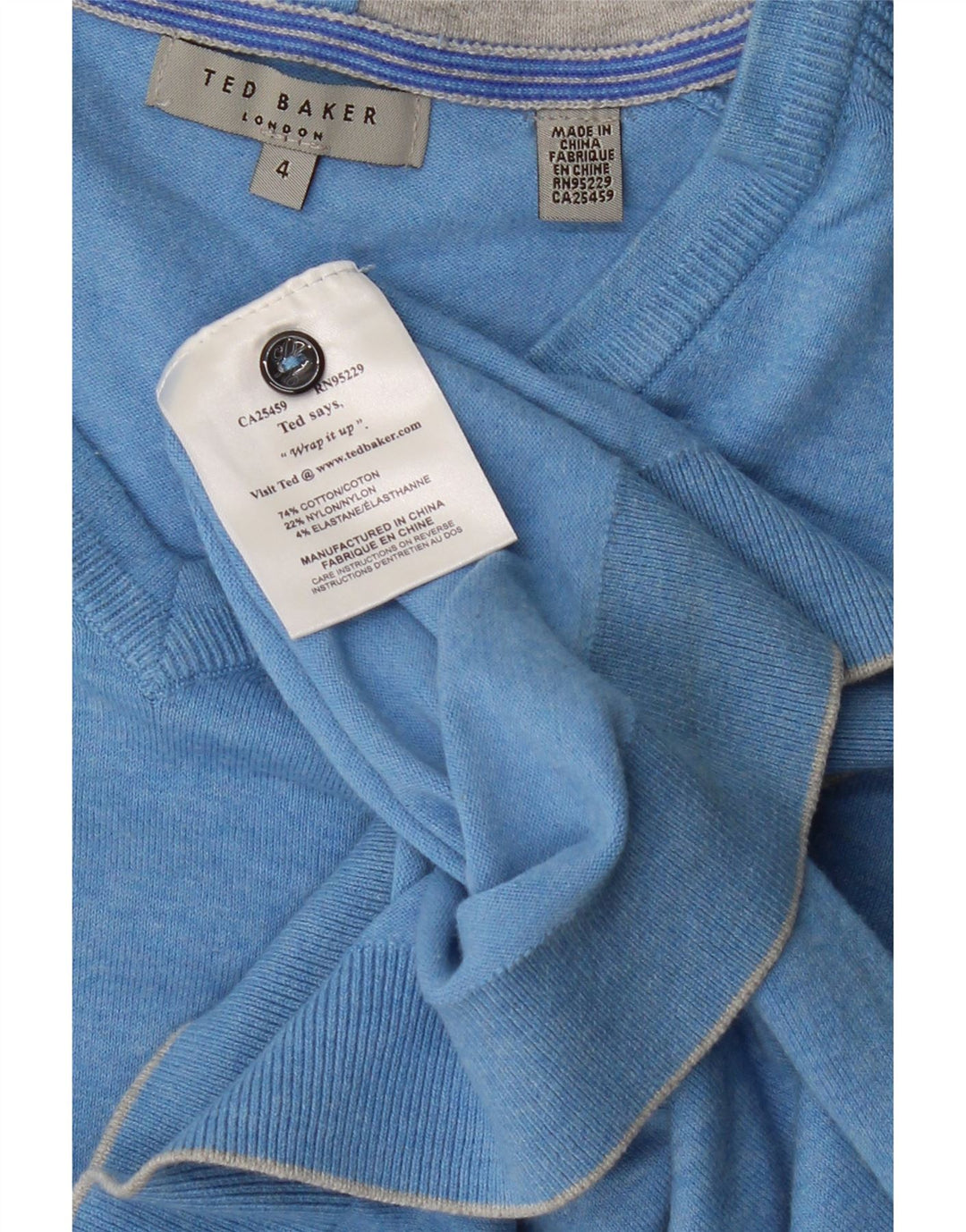 TED BAKER Muški pulover s V-izrezom, veličina 4, veliki plavi flekasti pamuk