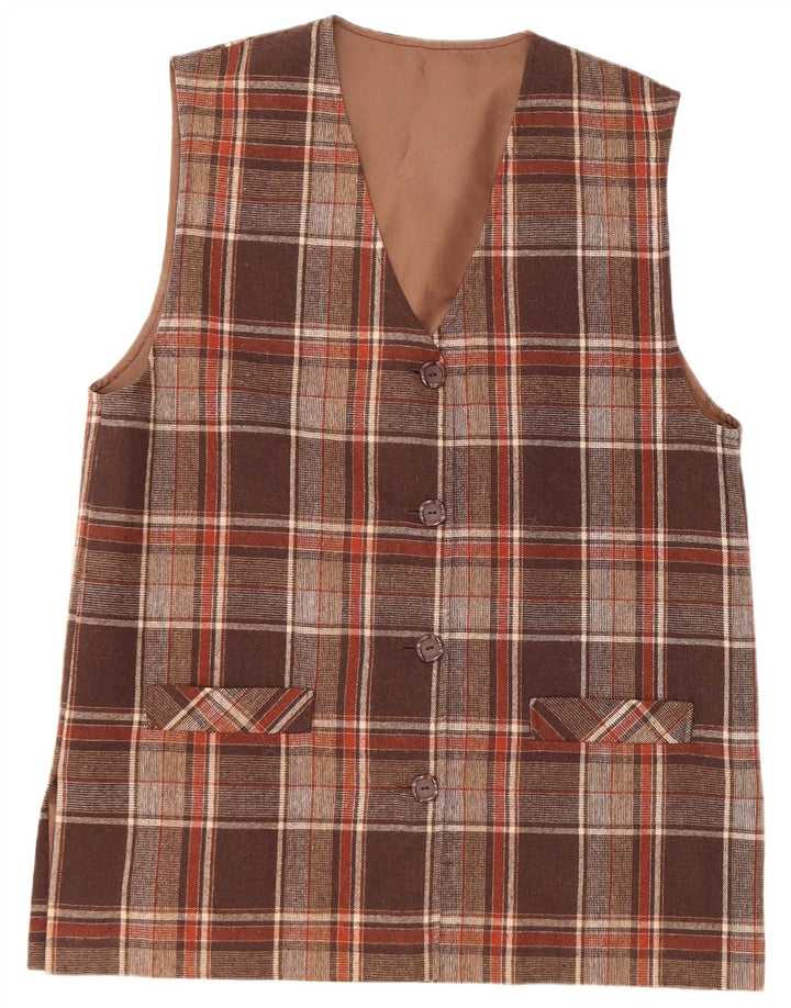 VINTAGE Ženska jakna bez rukava s 4 gumba UK 16 Veliki smeđi karirani