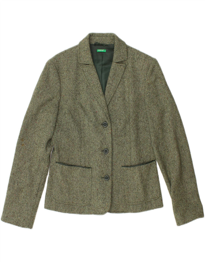 BENETTON Womens 3 Button Blazer Jacket IT 44 Medium Green Flecked Wool