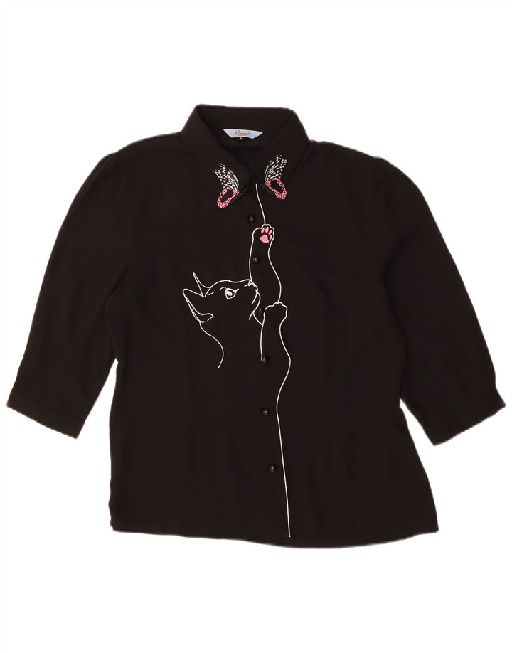 Vintage ženska grafička bluza kratkih rukava UK 14 srednje crna