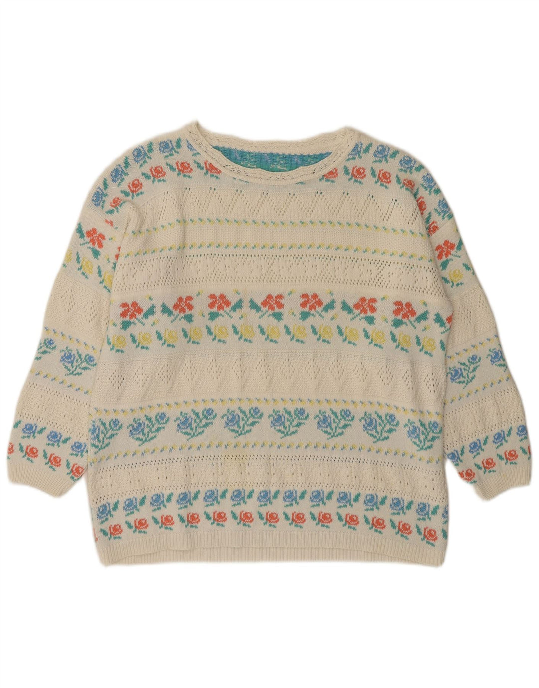 VINTAGE ženski džemper s lađastim izrezom IT 46 Veliki bijeli akril s cvjetnim motivima