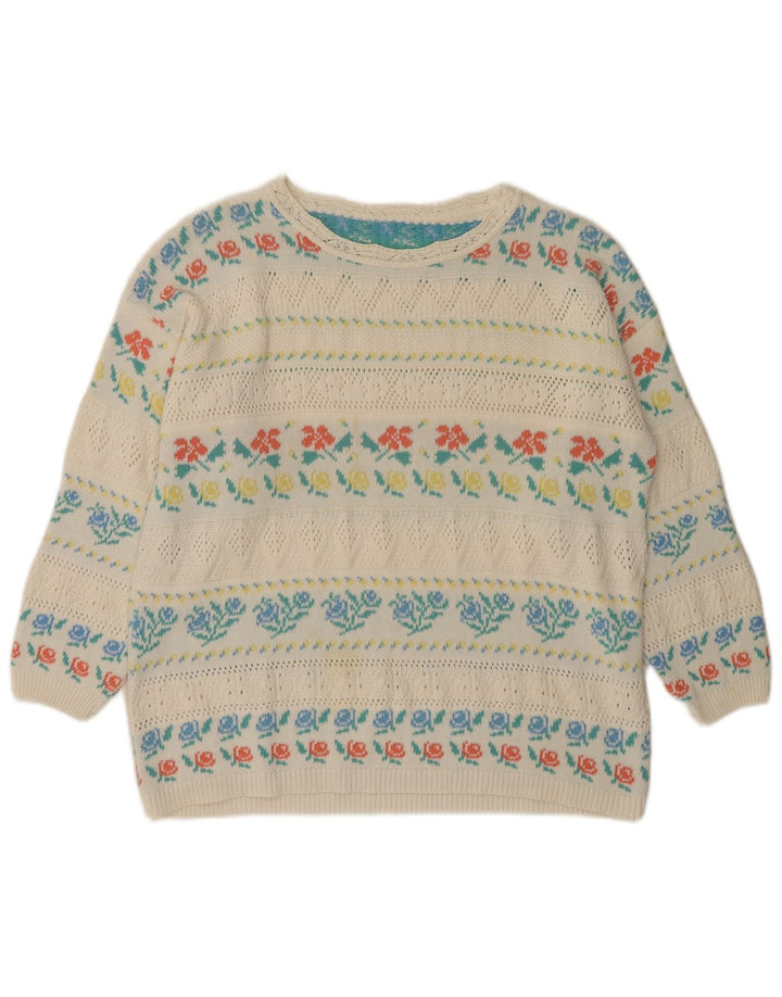 VINTAGE ženski džemper s lađastim izrezom IT 46 Veliki bijeli akril s cvjetnim motivima