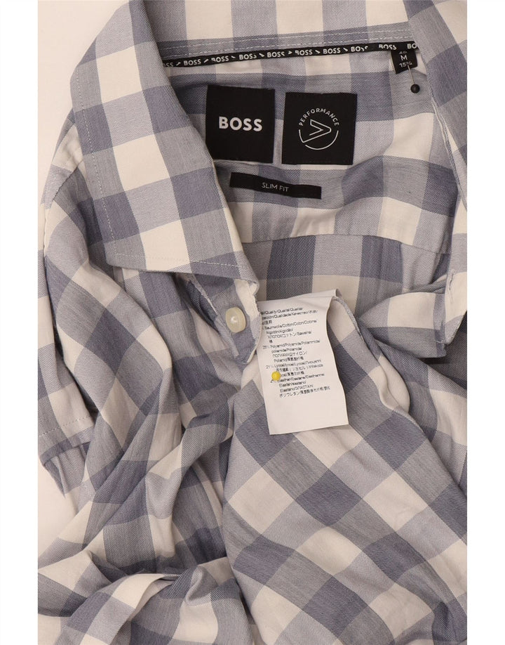 Muška uska košulja Hugo Boss veličine 15 1/2 srednje plava karirana pamuk