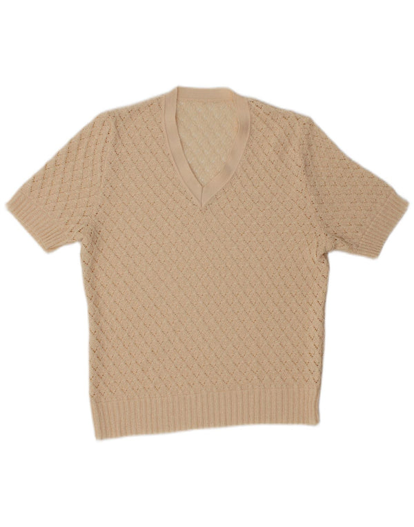 VINTAGE ženski džemper kratkih rukava s V-izrezom IT 42 srednje žuto bijela