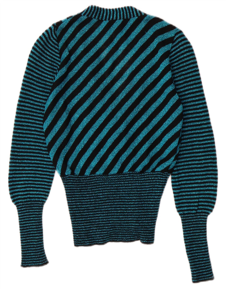 Vintage ženski kardigan džemper s V-izrezom UK 6 XS tirkizno na pruge