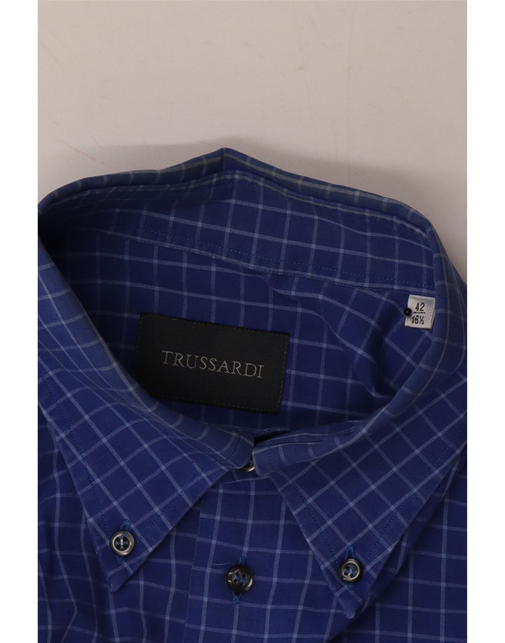 TRUSSARDI Mens Shirt Size 42 16 1/2 Large Blue Check Vintage Trussardi and Second-Hand Trussardi from Messina Hembry 