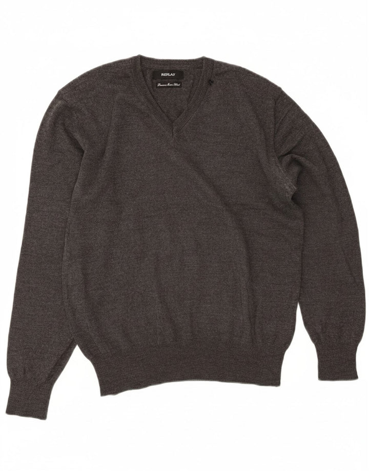 REPLAY Womens V-Neck Jumper Sweater UK 16 Large Grey Wool