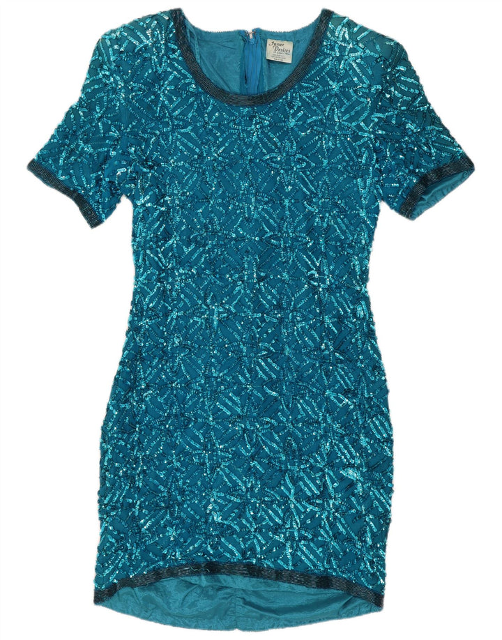 Vintage ženska šljokičasta haljina UK 14 velika plava svila