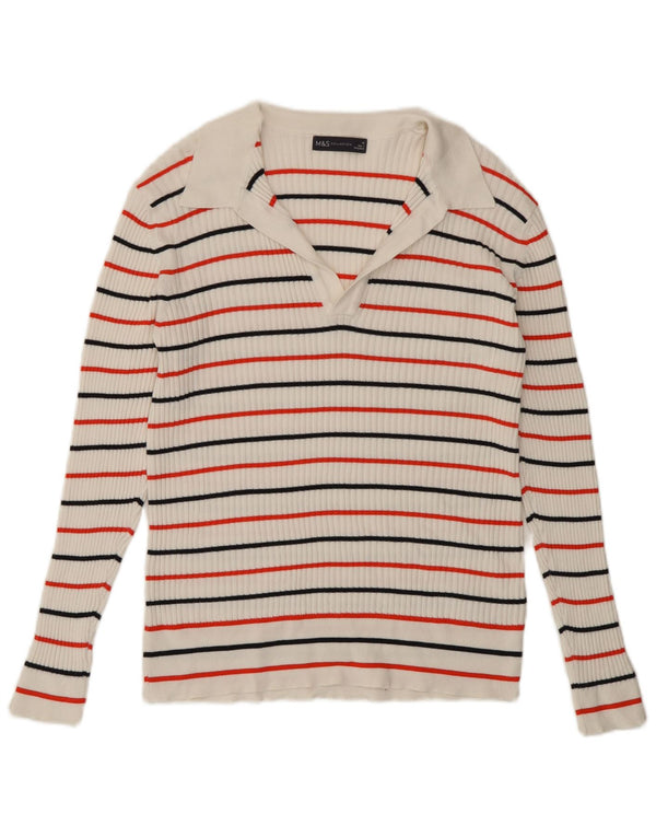 Marks & Spencer Womens Polo Neck Jumper Sweater UK 16 Large White Striped