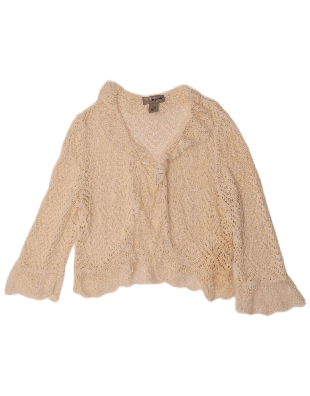 VINTAGE kratki ženski heklani kardigan džemper 3/4 rukava UK 18 XL sivo bijeli