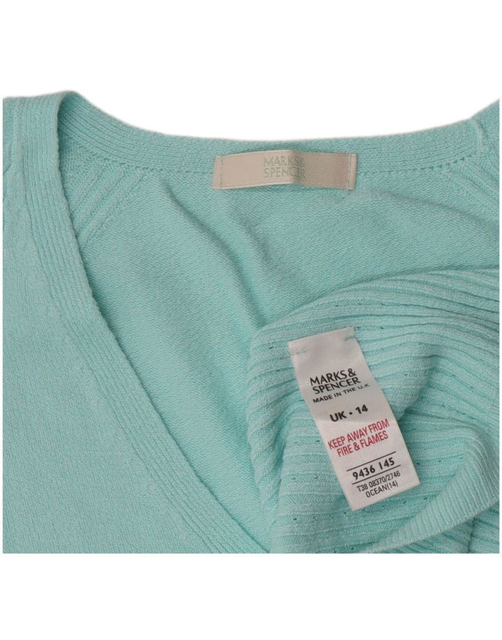 Marks & Spencer ženski kratki džemper s V-izrezom UK 14 srednje tirkizna