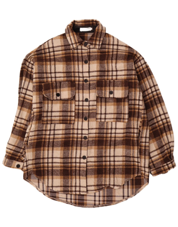 Vintage ženska prevelika flanelska košulja haljina UK 10 Mala smeđa karirana pamuk