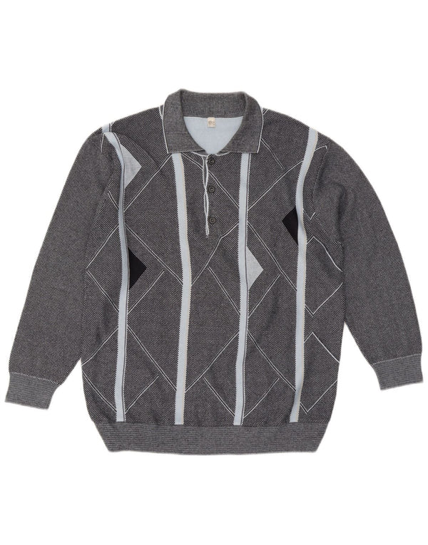 Vintage muški džemper s polo izrezom IT 56 XL sivi geometrijski pamuk