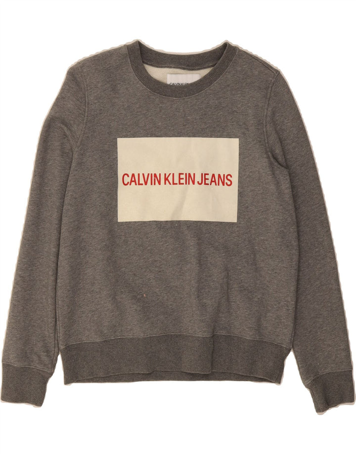 CALVIN KLEIN JEANS Womens Graphic Sweatshirt Jumper UK 14 Medium Grey Vintage Calvin Klein Jeans and Second-Hand Calvin Klein Jeans from Messina Hembry 