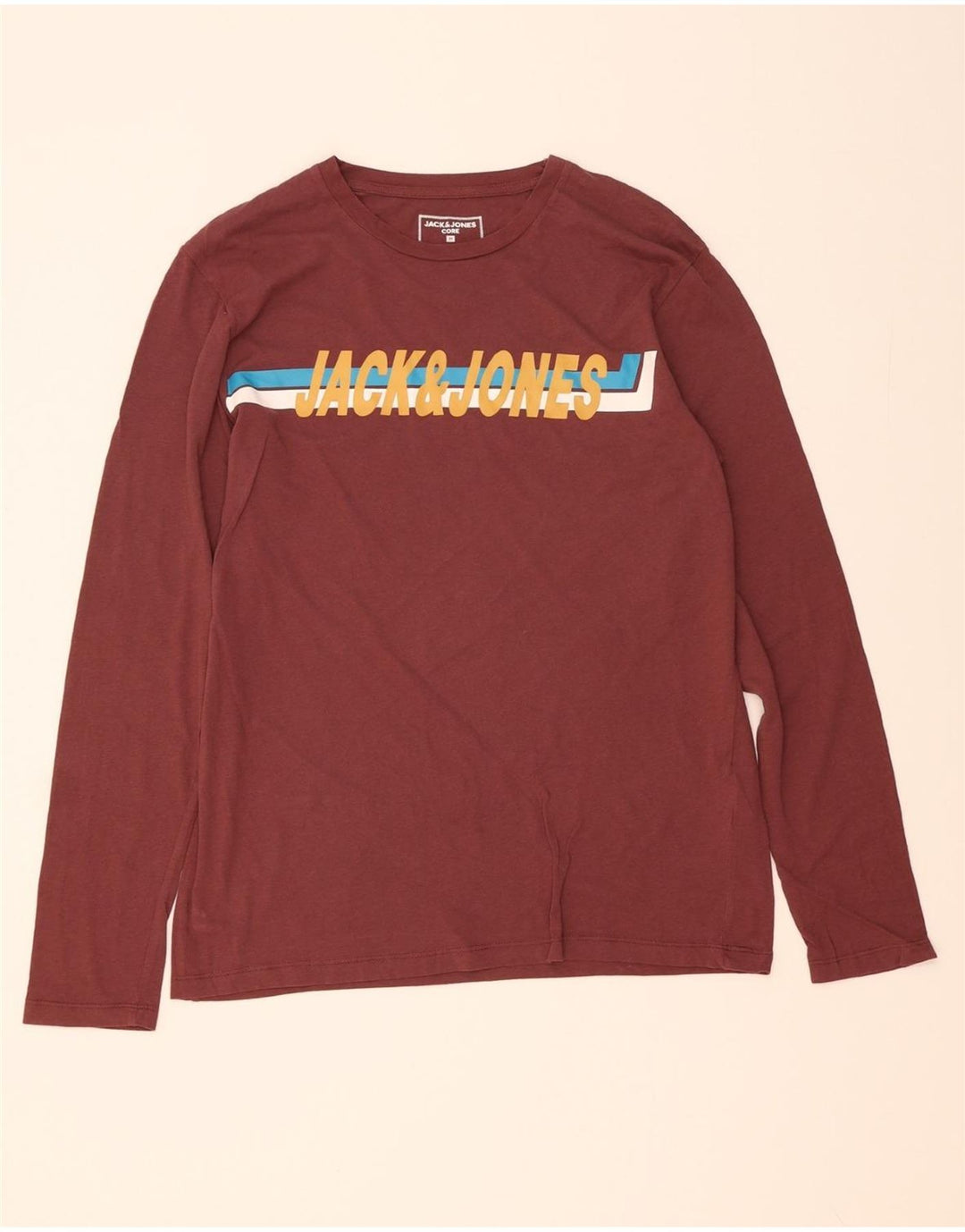 JACK & JONES Mens Graphic Top Long Sleeve Medium Maroon Cotton