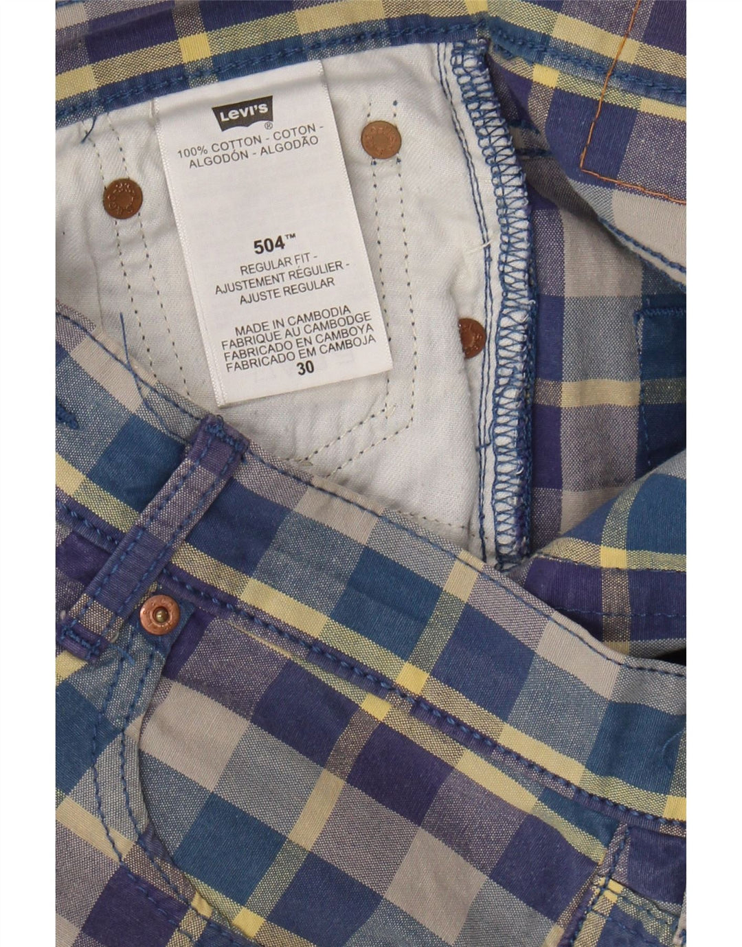 LEVI'S Mens 504 Regular Fit Casual Shorts W30 Medium  Blue Check Cotton Vintage Levi's and Second-Hand Levi's from Messina Hembry 
