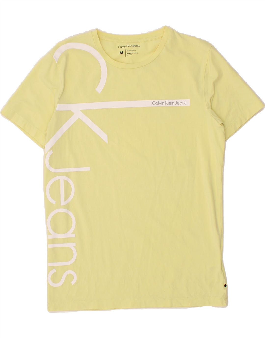 CALVIN KLEIN Mens Stretch Graphic T-Shirt Top Medium Yellow Cotton Vintage Calvin Klein and Second-Hand Calvin Klein from Messina Hembry 