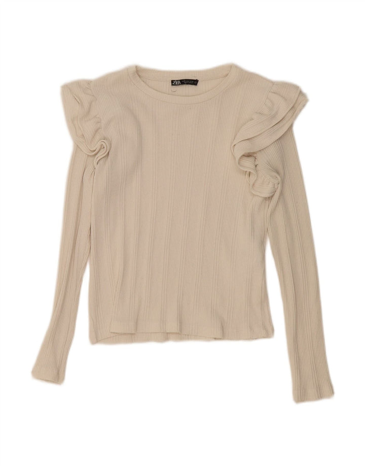 ZARA Womens Top Long Sleeve UK 12 Medium Beige Cotton