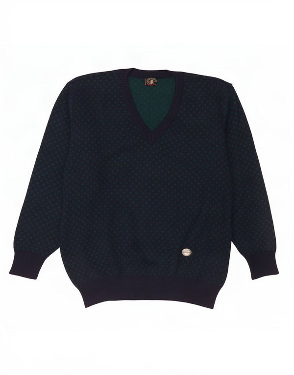 Vintage Mens V-Neck Jumper Sweater XL Navy Blue Geometric Wool