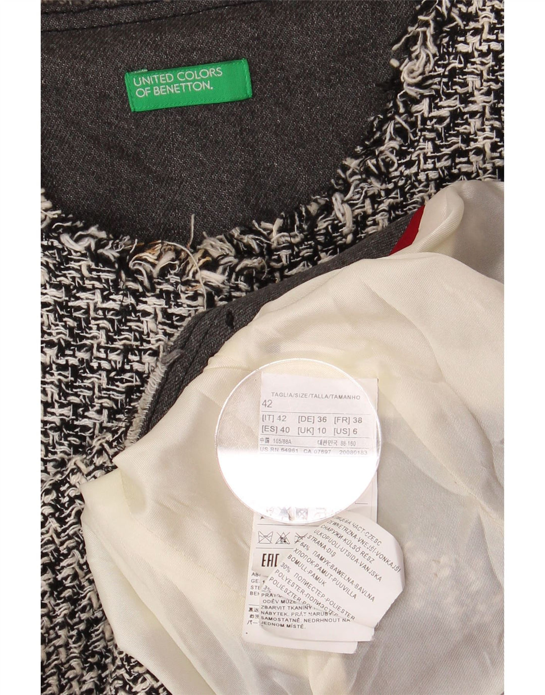 BENETTON Ženska jakna sa jaknom otvorenog kroja UK 10 Mala siva houndstooth