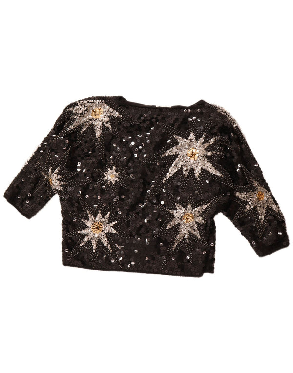 VINTAGE Womens Abstract Pattern 3/4 Sleeve Blouse Top EU 42 Large Black