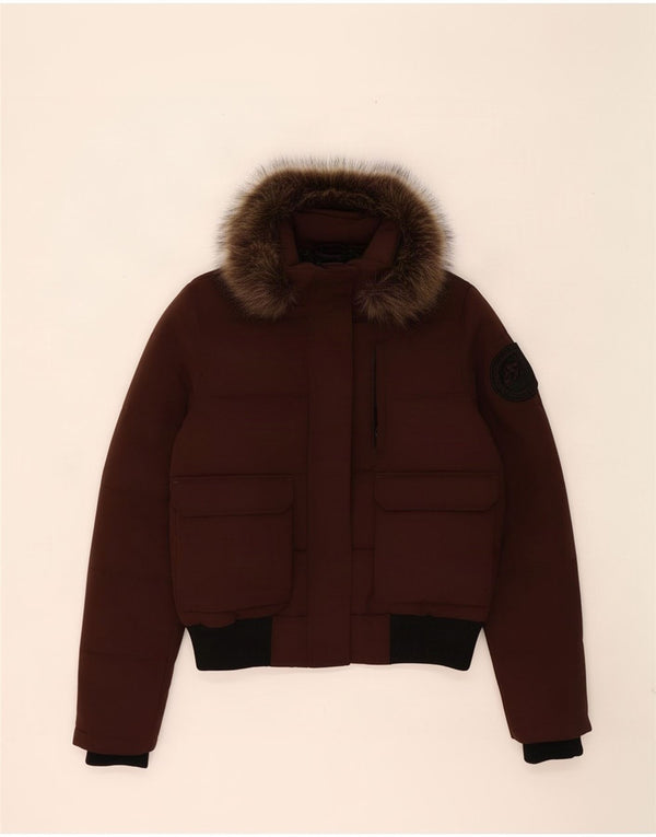 Superdry Womens Hooded Padded Jacket UK 12 Medium Brown Colourblock