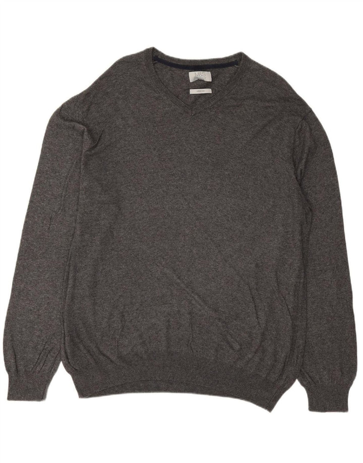 MARKS & SPENCER Mens Regular Fit V-Neck Jumper Sweater 2XL Grey Cotton