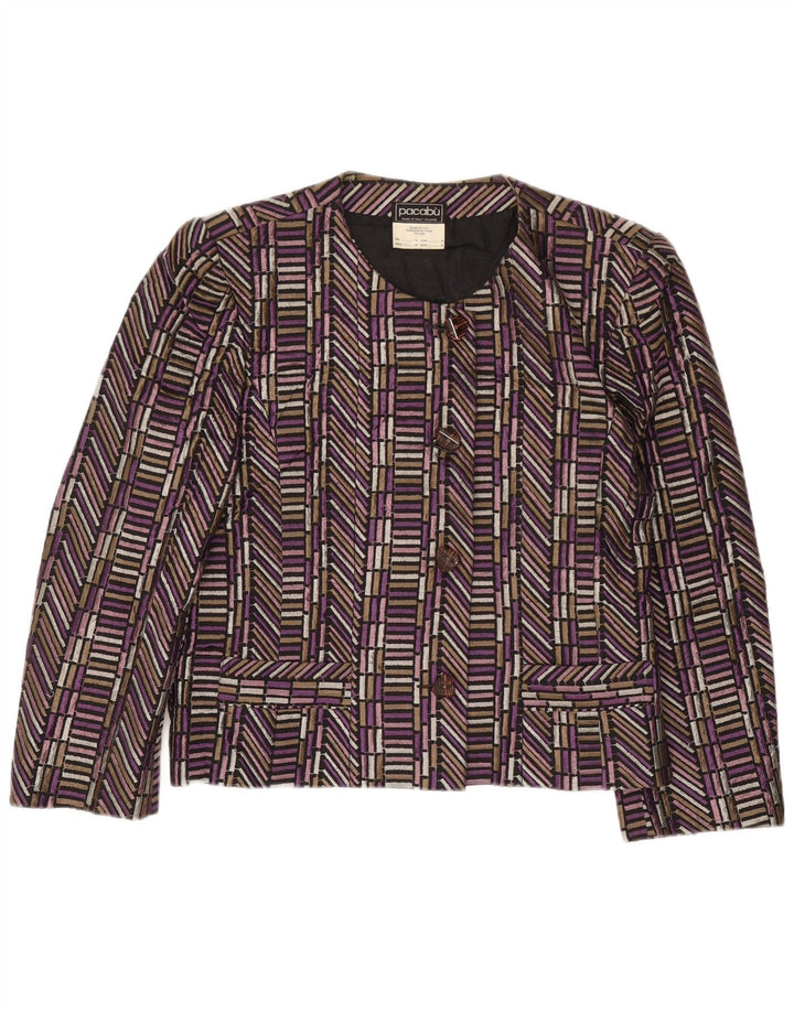 Vintage ženski sako sa 4 gumba UK 14 srednje ljubičasta geometrijska svila