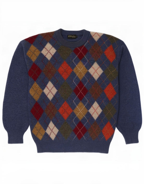 Vintage muški džemper s okruglim izrezom Veliki tamnoplavi Argyle/Diamond