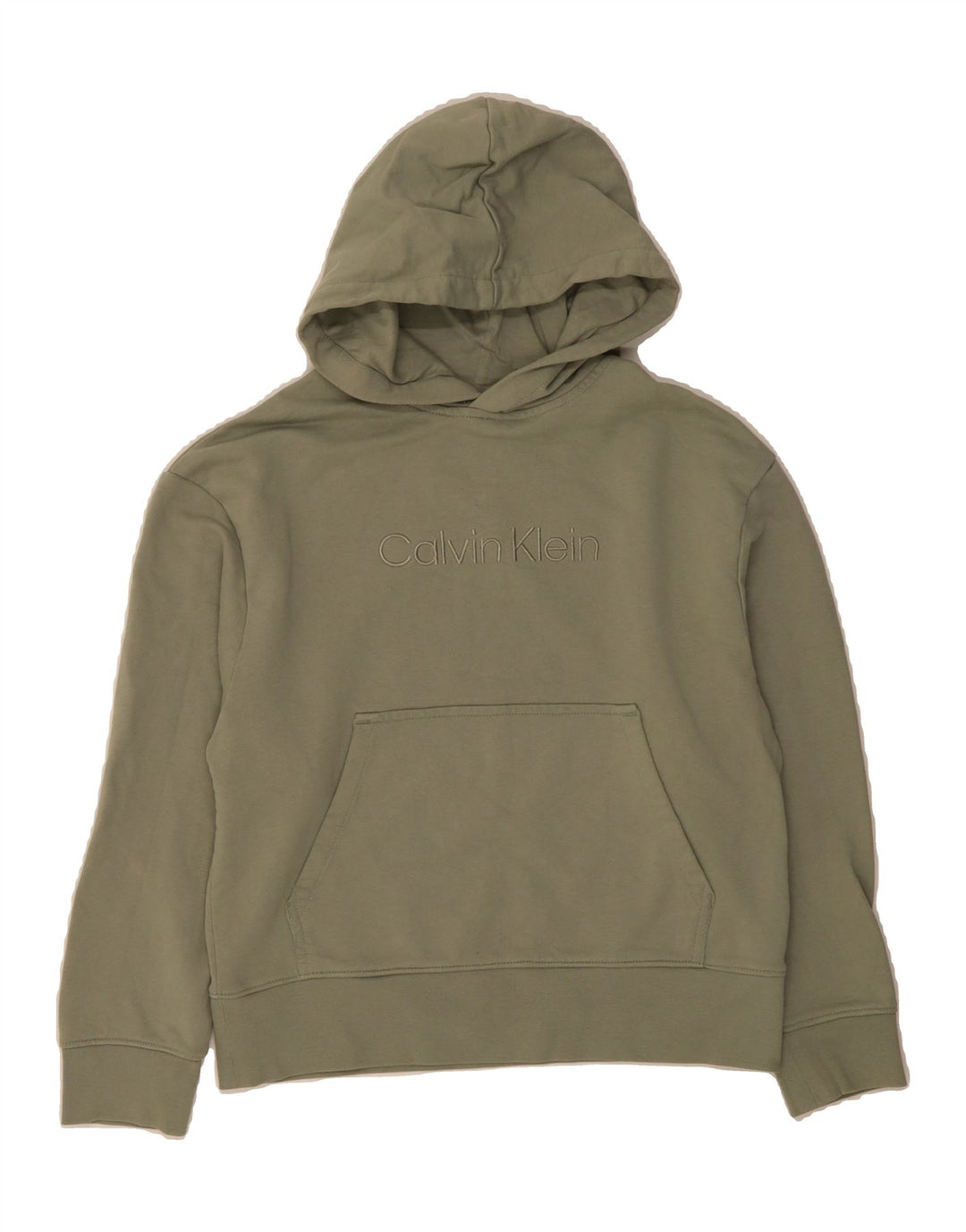 CALVIN KLEIN Womens Oversized Graphic Sweatshirt Jumper UK 10 Small Khaki Vintage Calvin Klein and Second-Hand Calvin Klein from Messina Hembry 