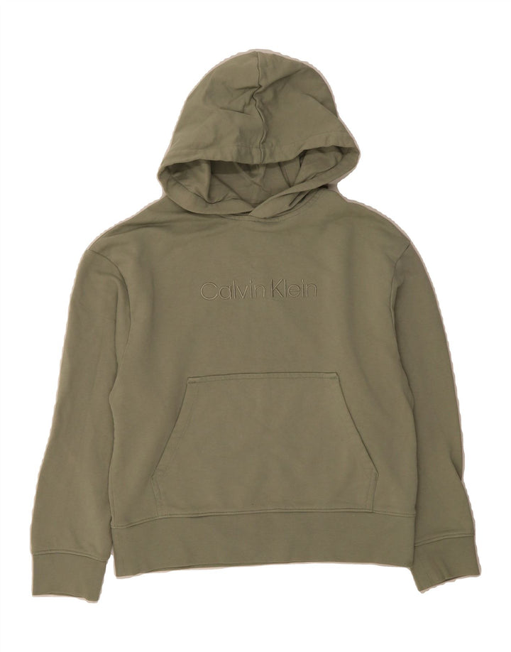 CALVIN KLEIN Womens Oversized Graphic Sweatshirt Jumper UK 10 Small Khaki Vintage Calvin Klein and Second-Hand Calvin Klein from Messina Hembry 