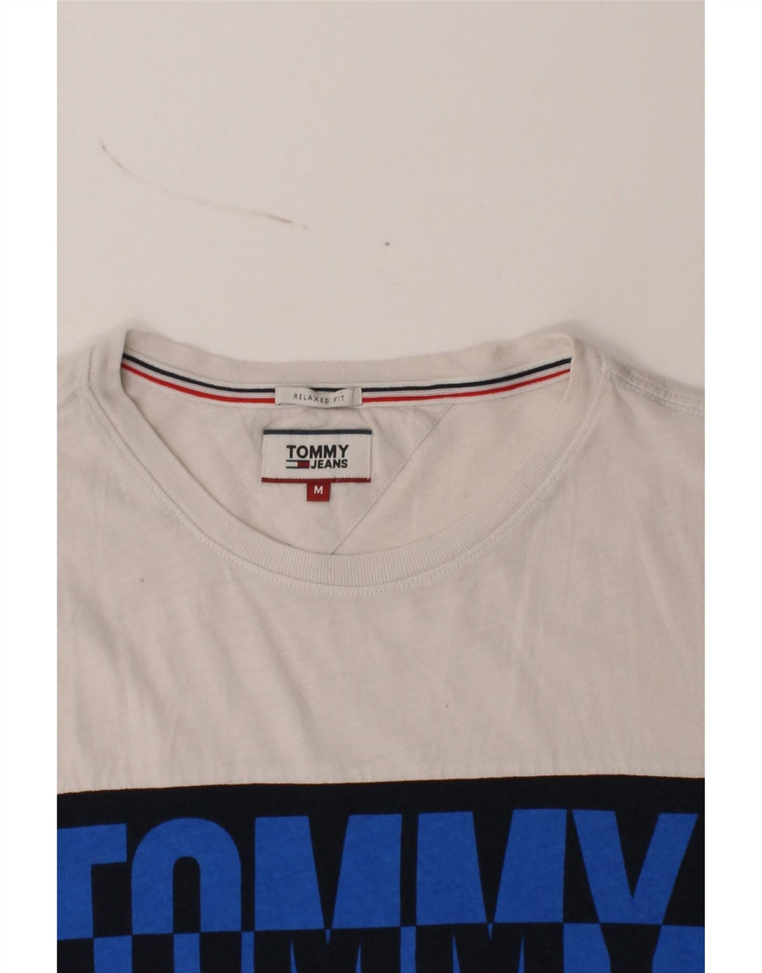 TOMMY HILFIGER Mens Graphic T-Shirt Top Medium White Colourblock Vintage Tommy Hilfiger and Second-Hand Tommy Hilfiger from Messina Hembry 