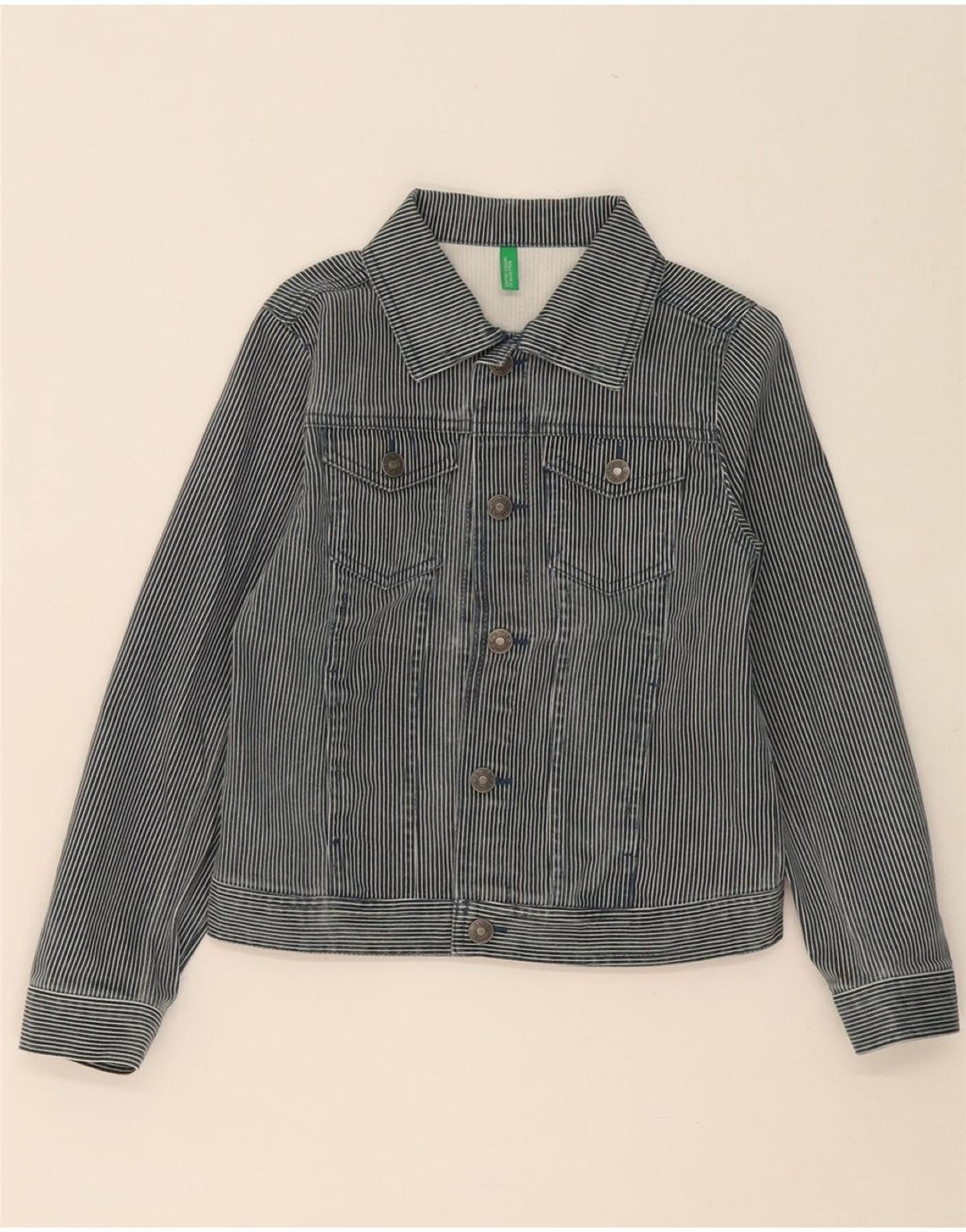 BENETTON Boys Denim Jacket 7-8 Years Medium Grey Pinstripe Cotton Vintage Benetton and Second-Hand Benetton from Messina Hembry 