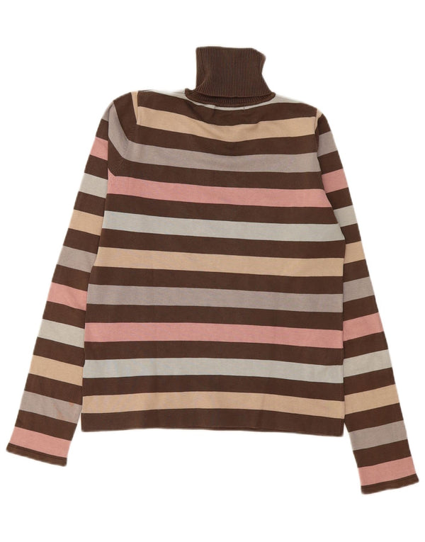 Zara Womens Roll Neck Jumper Sweater UK 14 Large Brown Striped Silk