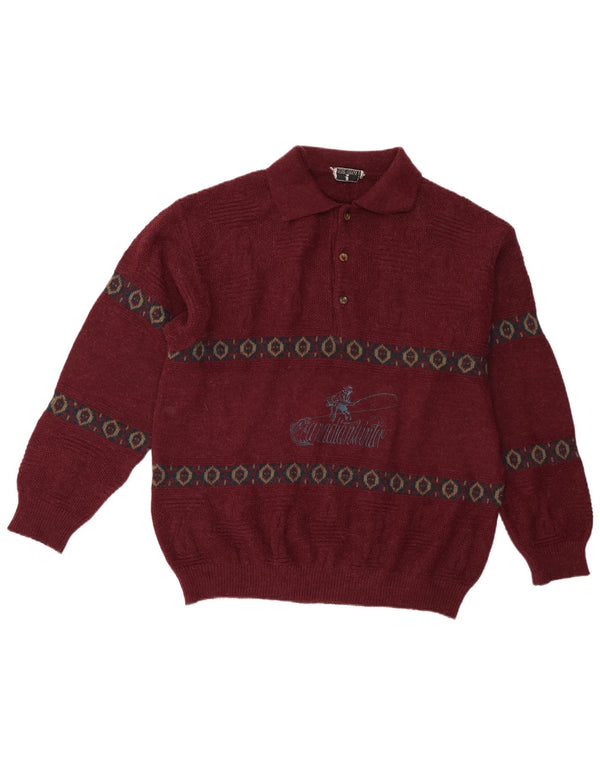 Vintage muški džemper s polo ovratnikom, veliki tamnocrveni