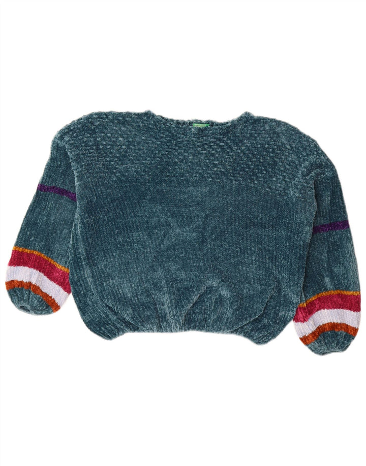 BENETTON Ženski pulover s veznim izrezom od velura UK 12 srednje zelene pruge