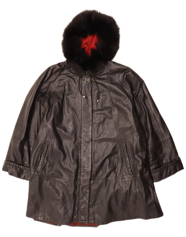 VINTAGE ženski preveliki kožni kaput s kapuljačom IT 42 Srednja crna koža