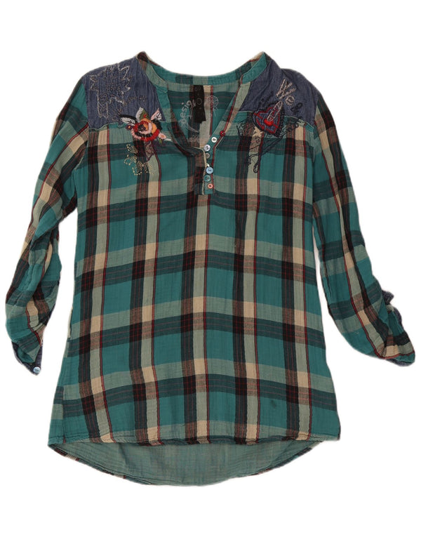 Desigual Womens Long Sleeve Blouse Top UK 16 Large Turquoise Check