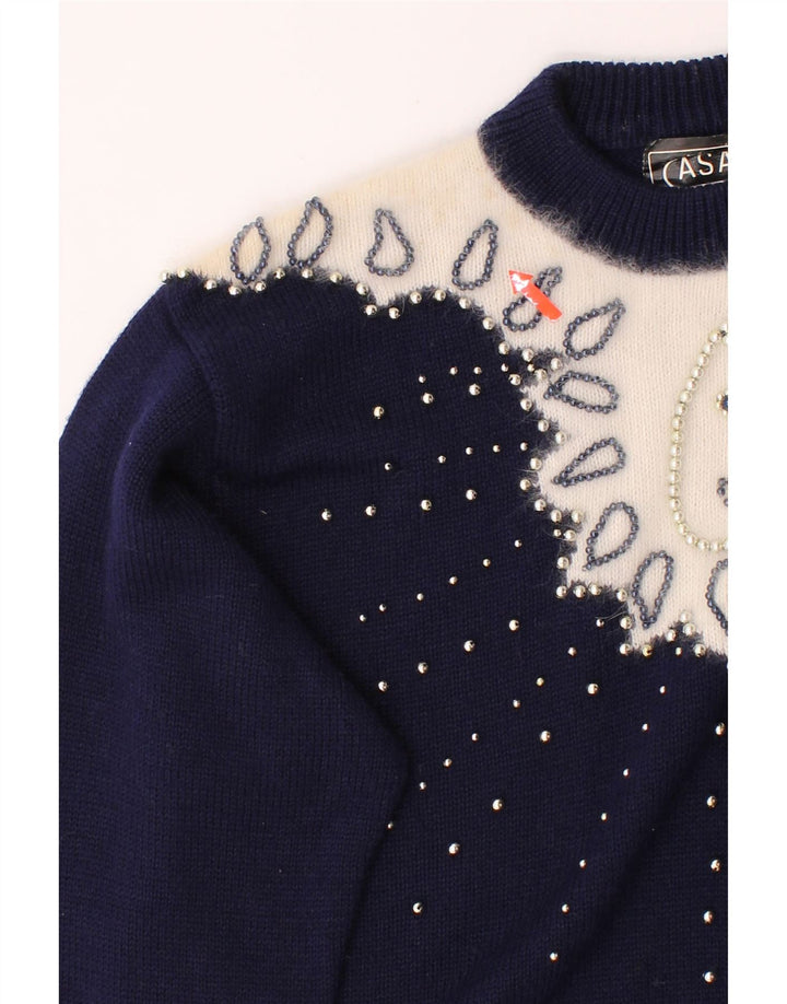 CASAMIA Womens Crew Neck Jumper Sweater One Size Navy Blue Colourblock Vintage Casamia and Second-Hand Casamia from Messina Hembry 