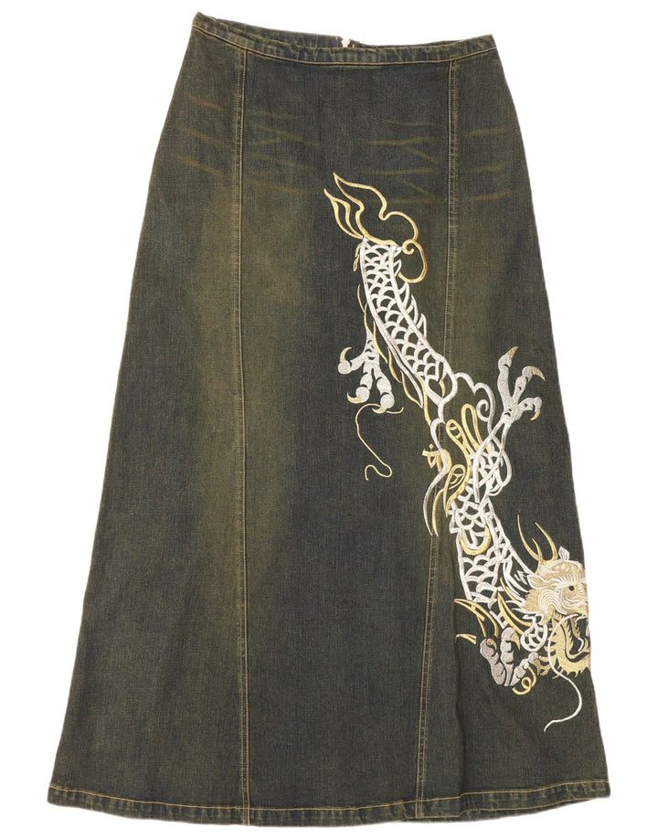 VINTAGE ženska grafička traper suknja UK 12 srednje W30 plavi pamuk